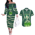 Australian Boomers Basketball Couples Matching Off The Shoulder Long Sleeve Dress and Hawaiian Shirt Green Hexagon Camo Style With Dynamic Slam Dunk Graphic