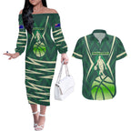 Australian Boomers Basketball Couples Matching Off The Shoulder Long Sleeve Dress and Hawaiian Shirt Green Hexagon Camo Style With Dynamic Slam Dunk Graphic
