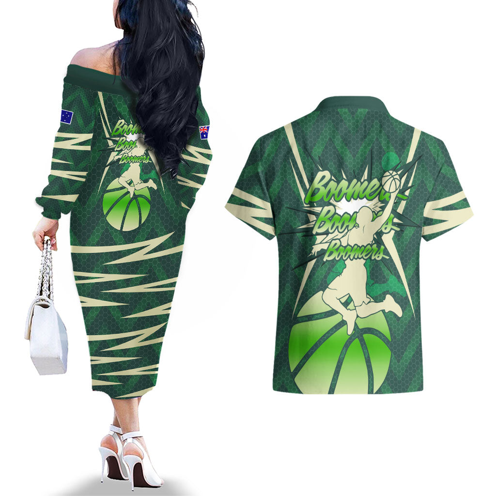 Australian Boomers Basketball Couples Matching Off The Shoulder Long Sleeve Dress and Hawaiian Shirt Green Hexagon Camo Style With Dynamic Slam Dunk Graphic