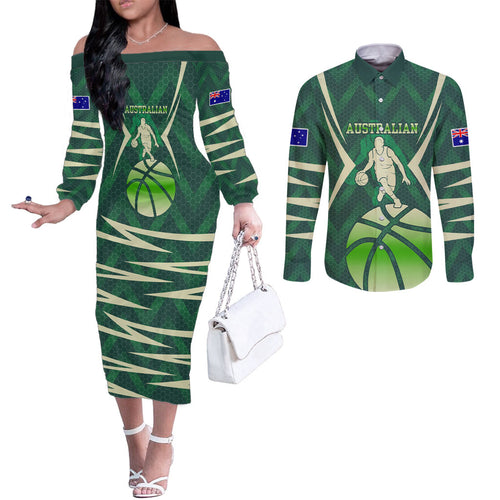 Australian Boomers Basketball Couples Matching Off The Shoulder Long Sleeve Dress and Long Sleeve Button Shirt Green Hexagon Camo Style With Dynamic Slam Dunk Graphic