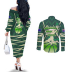 Australian Boomers Basketball Couples Matching Off The Shoulder Long Sleeve Dress and Long Sleeve Button Shirt Green Hexagon Camo Style With Dynamic Slam Dunk Graphic
