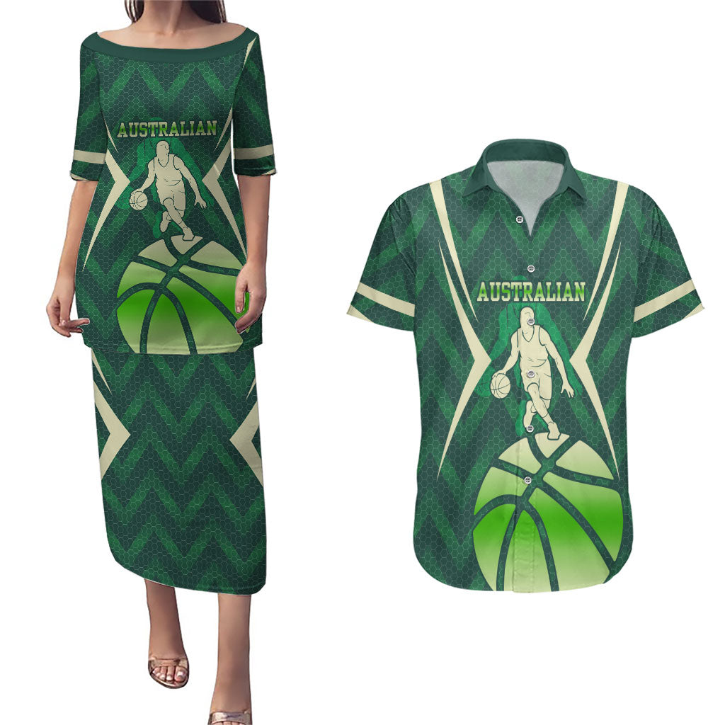 Australian Boomers Basketball Couples Matching Puletasi and Hawaiian Shirt Green Hexagon Camo Style With Dynamic Slam Dunk Graphic