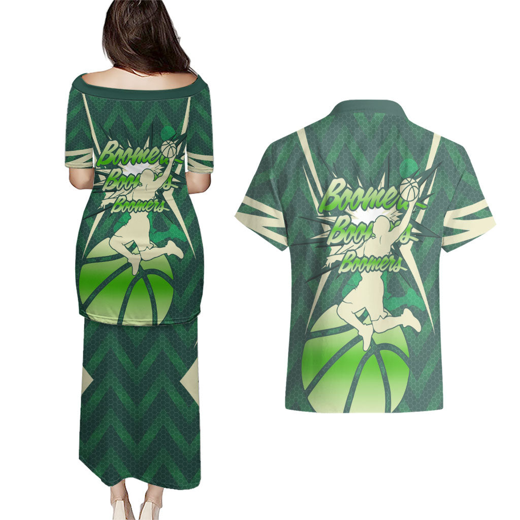 Australian Boomers Basketball Couples Matching Puletasi and Hawaiian Shirt Green Hexagon Camo Style With Dynamic Slam Dunk Graphic