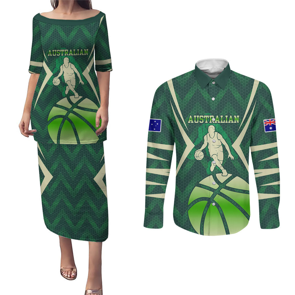 Australian Boomers Basketball Couples Matching Puletasi and Long Sleeve Button Shirt Green Hexagon Camo Style With Dynamic Slam Dunk Graphic