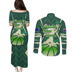 Australian Boomers Basketball Couples Matching Puletasi and Long Sleeve Button Shirt Green Hexagon Camo Style With Dynamic Slam Dunk Graphic