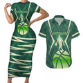 Australian Boomers Basketball Couples Matching Short Sleeve Bodycon Dress and Hawaiian Shirt Green Hexagon Camo Style With Dynamic Slam Dunk Graphic