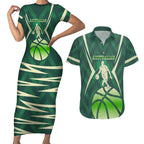 Australian Boomers Basketball Couples Matching Short Sleeve Bodycon Dress and Hawaiian Shirt Green Hexagon Camo Style With Dynamic Slam Dunk Graphic