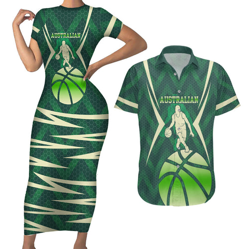 Australian Boomers Basketball Couples Matching Short Sleeve Bodycon Dress and Hawaiian Shirt Green Hexagon Camo Style With Dynamic Slam Dunk Graphic