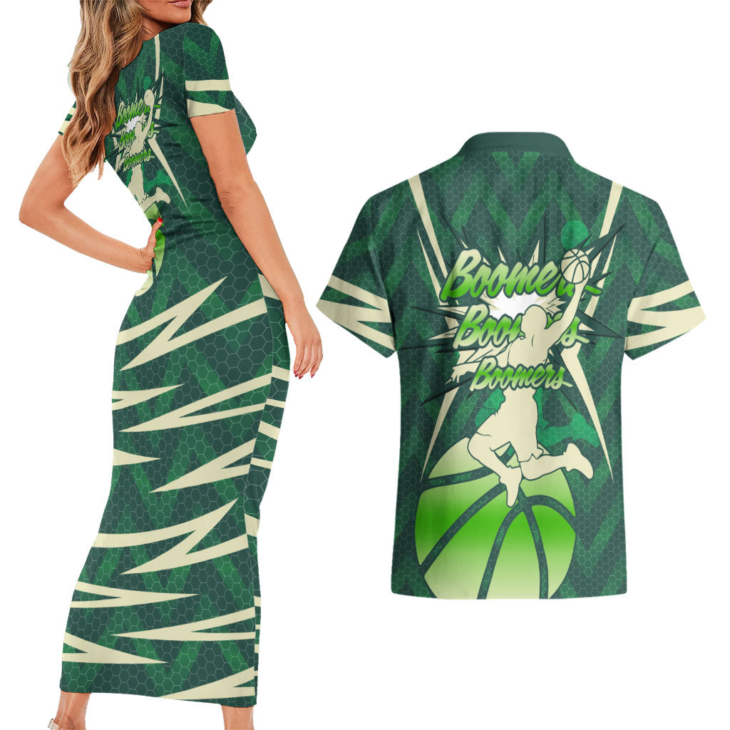 Australian Boomers Basketball Couples Matching Short Sleeve Bodycon Dress and Hawaiian Shirt Green Hexagon Camo Style With Dynamic Slam Dunk Graphic