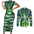 Australian Boomers Basketball Couples Matching Short Sleeve Bodycon Dress and Long Sleeve Button Shirt Green Hexagon Camo Style With Dynamic Slam Dunk Graphic