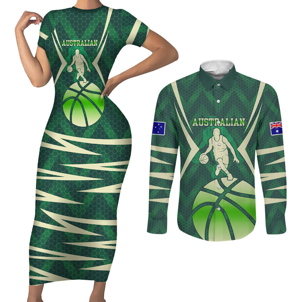 Australian Boomers Basketball Couples Matching Short Sleeve Bodycon Dress and Long Sleeve Button Shirt Green Hexagon Camo Style With Dynamic Slam Dunk Graphic