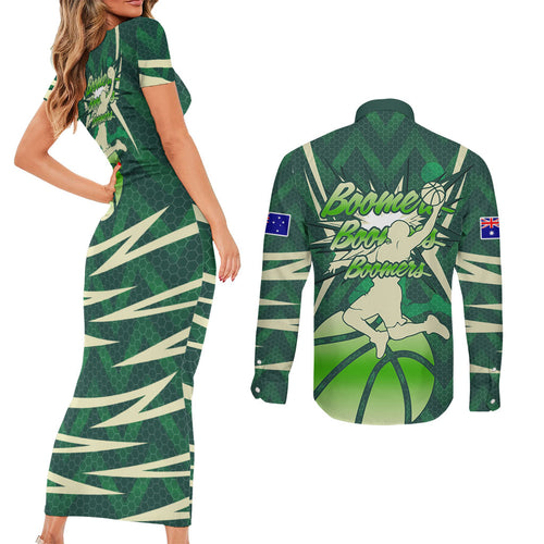 Australian Boomers Basketball Couples Matching Short Sleeve Bodycon Dress and Long Sleeve Button Shirt Green Hexagon Camo Style With Dynamic Slam Dunk Graphic