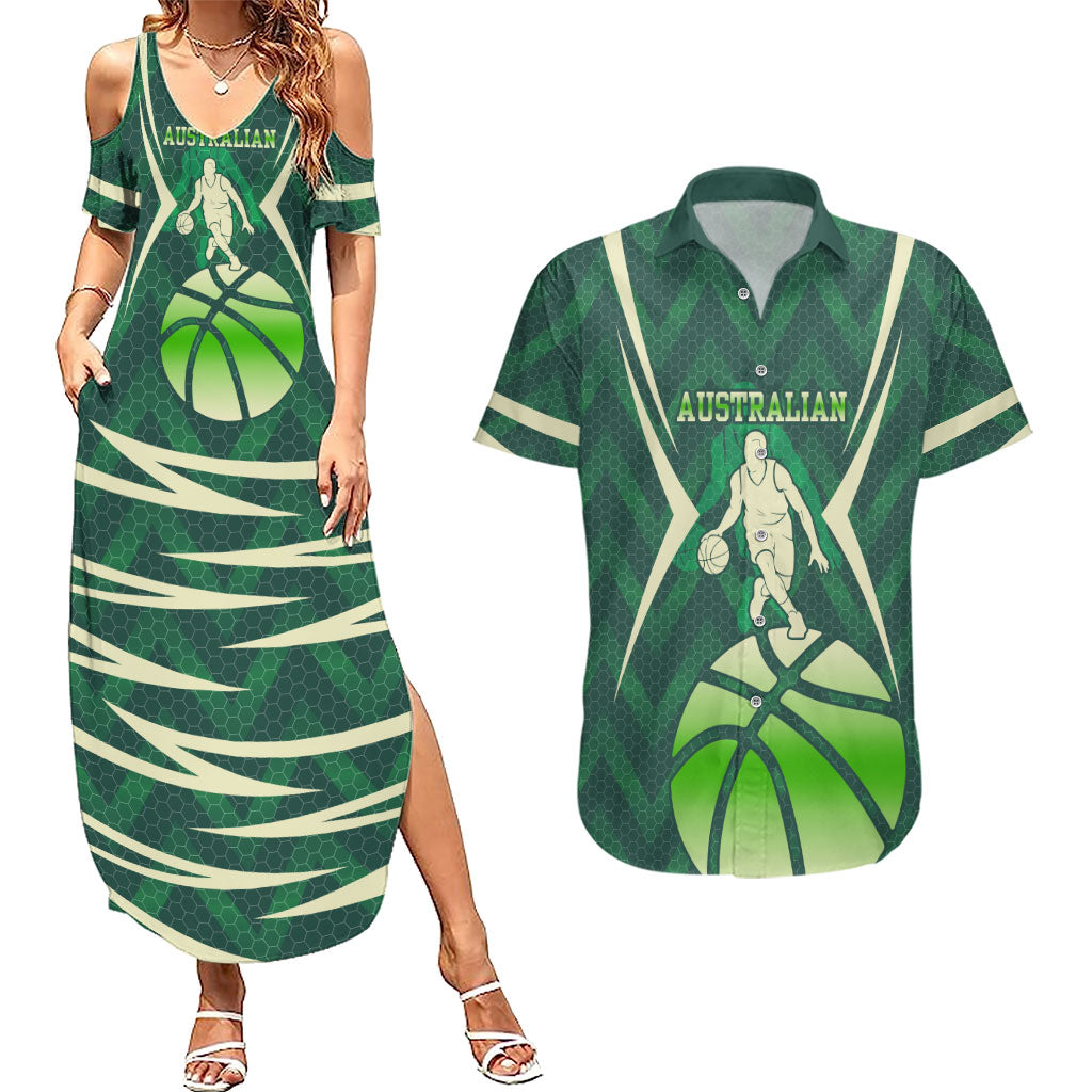 Australian Boomers Basketball Couples Matching Summer Maxi Dress and Hawaiian Shirt Green Hexagon Camo Style With Dynamic Slam Dunk Graphic