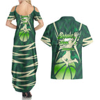 Australian Boomers Basketball Couples Matching Summer Maxi Dress and Hawaiian Shirt Green Hexagon Camo Style With Dynamic Slam Dunk Graphic