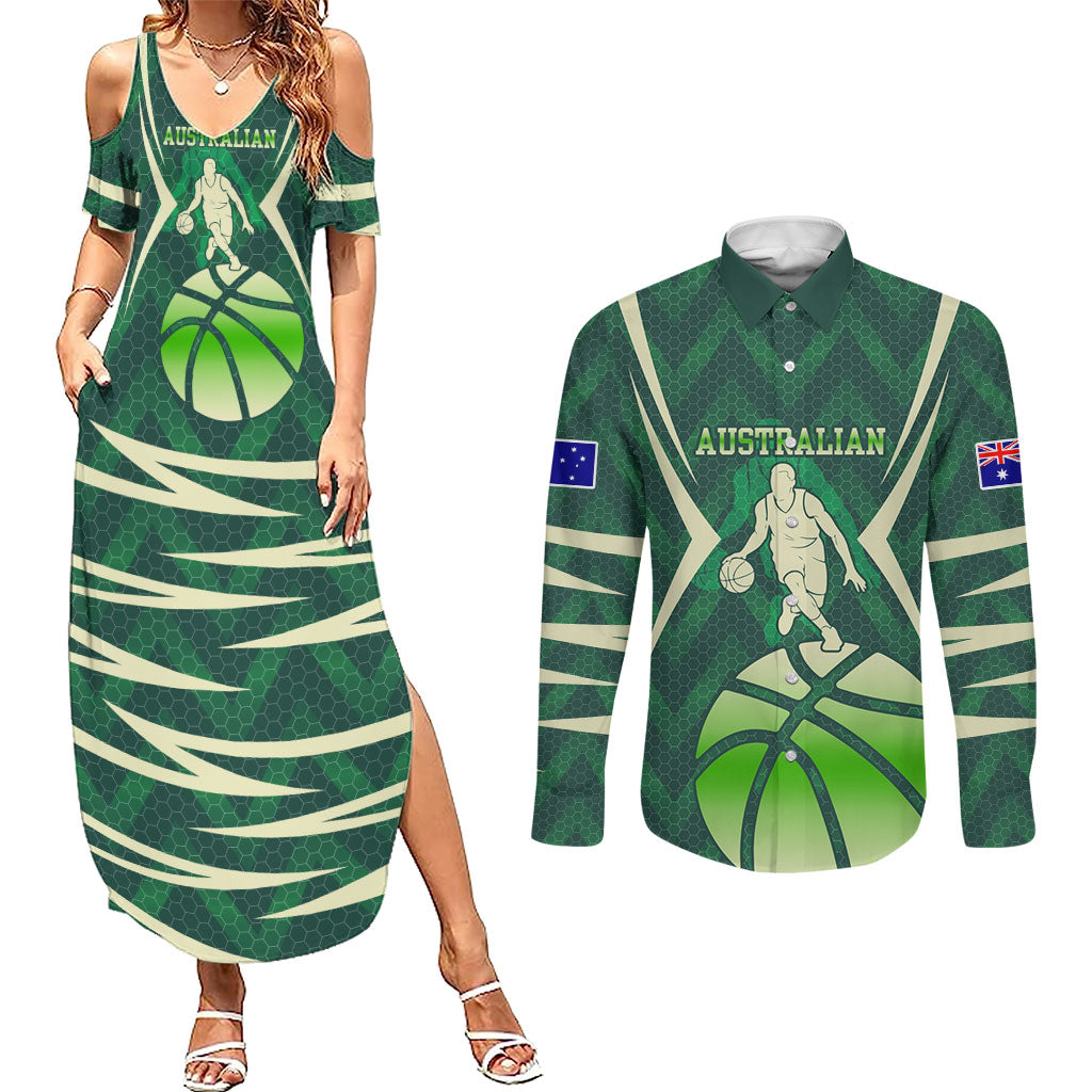 Australian Boomers Basketball Couples Matching Summer Maxi Dress and Long Sleeve Button Shirt Green Hexagon Camo Style With Dynamic Slam Dunk Graphic