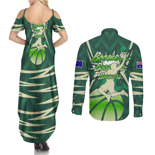 Australian Boomers Basketball Couples Matching Summer Maxi Dress and Long Sleeve Button Shirt Green Hexagon Camo Style With Dynamic Slam Dunk Graphic