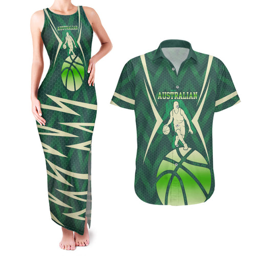 Australian Boomers Basketball Couples Matching Tank Maxi Dress and Hawaiian Shirt Green Hexagon Camo Style With Dynamic Slam Dunk Graphic