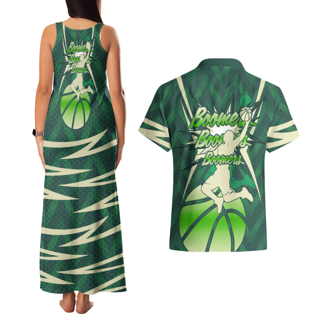 Australian Boomers Basketball Couples Matching Tank Maxi Dress and Hawaiian Shirt Green Hexagon Camo Style With Dynamic Slam Dunk Graphic