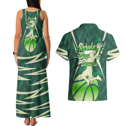 Australian Boomers Basketball Couples Matching Tank Maxi Dress and Hawaiian Shirt Green Hexagon Camo Style With Dynamic Slam Dunk Graphic