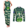 Australian Boomers Basketball Couples Matching Tank Maxi Dress and Long Sleeve Button Shirt Green Hexagon Camo Style With Dynamic Slam Dunk Graphic