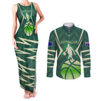 Australian Boomers Basketball Couples Matching Tank Maxi Dress and Long Sleeve Button Shirt Green Hexagon Camo Style With Dynamic Slam Dunk Graphic