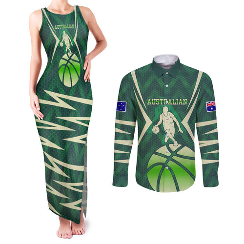 Australian Boomers Basketball Couples Matching Tank Maxi Dress and Long Sleeve Button Shirt Green Hexagon Camo Style With Dynamic Slam Dunk Graphic