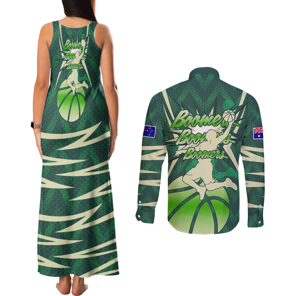 Australian Boomers Basketball Couples Matching Tank Maxi Dress and Long Sleeve Button Shirt Green Hexagon Camo Style With Dynamic Slam Dunk Graphic