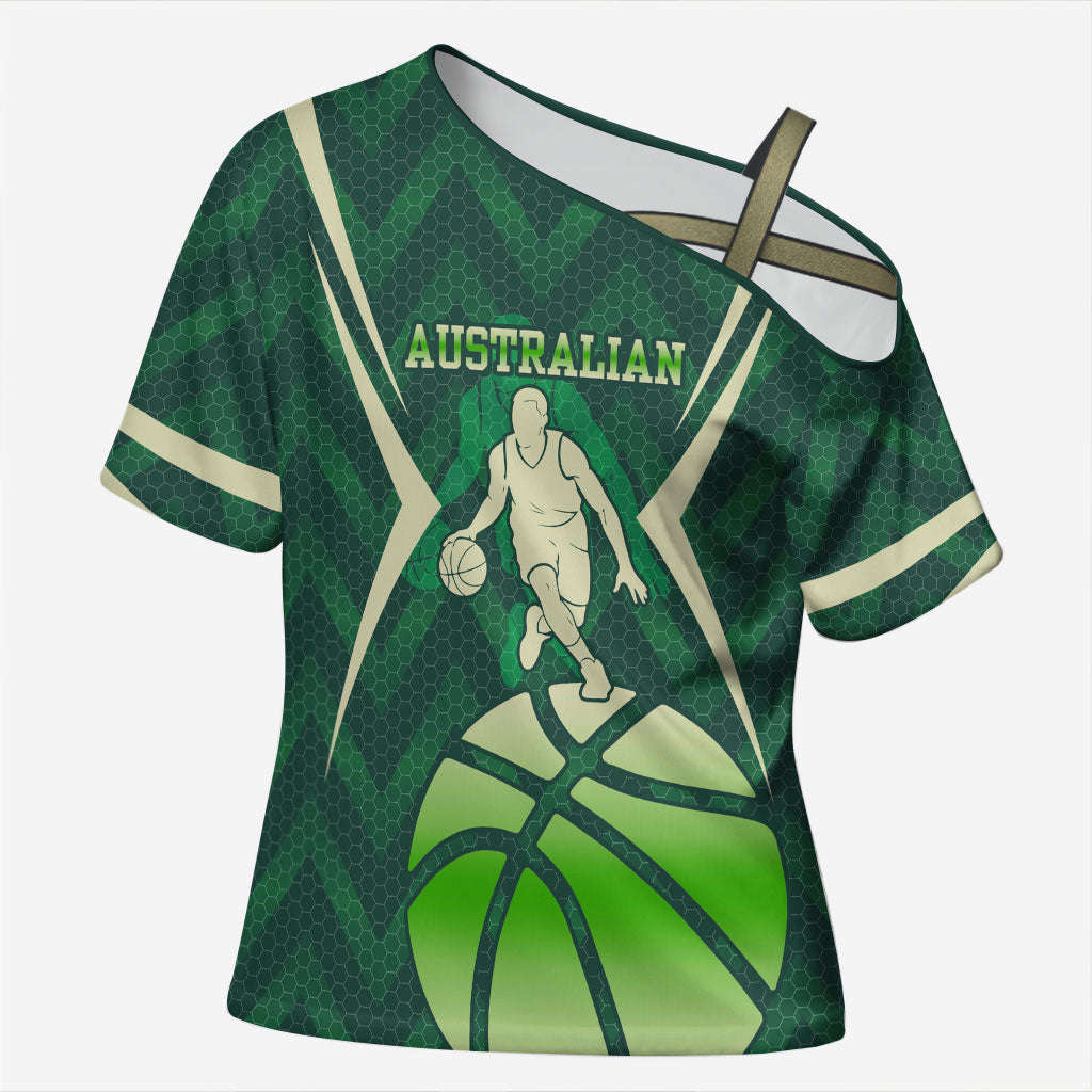 Australian Boomers Basketball Cross Shoulder Shirt Green Hexagon Camo Style With Dynamic Slam Dunk Graphic