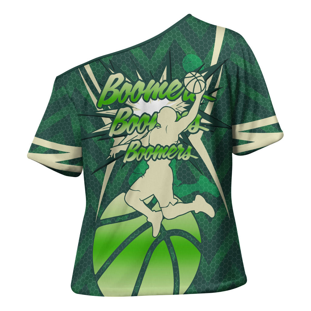 Australian Boomers Basketball Cross Shoulder Shirt Green Hexagon Camo Style With Dynamic Slam Dunk Graphic