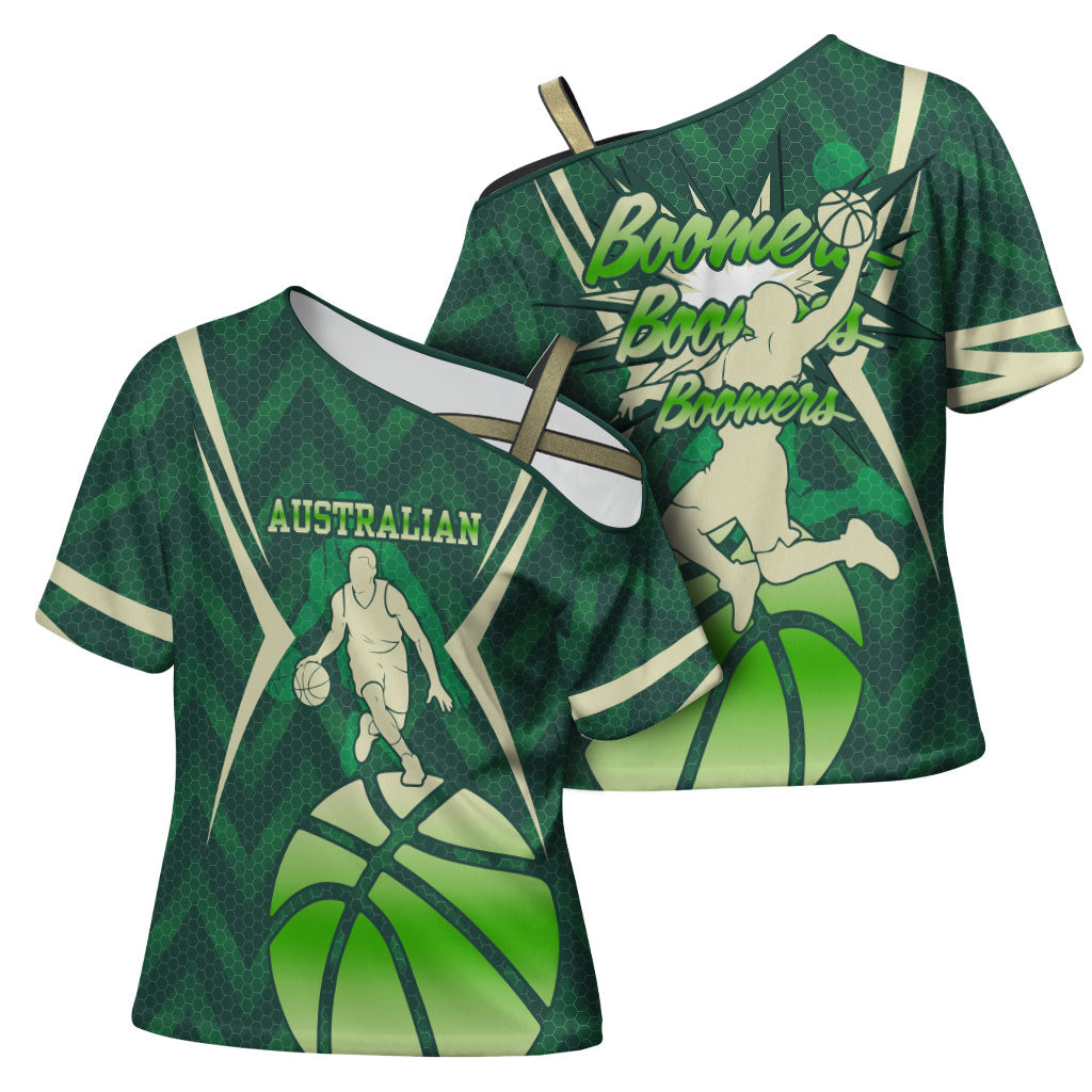 Australian Boomers Basketball Cross Shoulder Shirt Green Hexagon Camo Style With Dynamic Slam Dunk Graphic