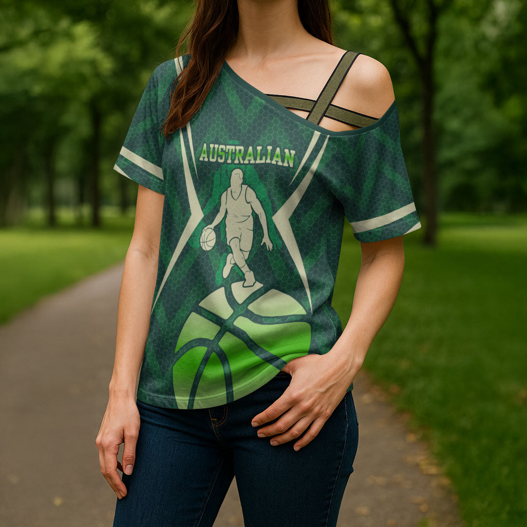 Australian Boomers Basketball Cross Shoulder Shirt Green Hexagon Camo Style With Dynamic Slam Dunk Graphic