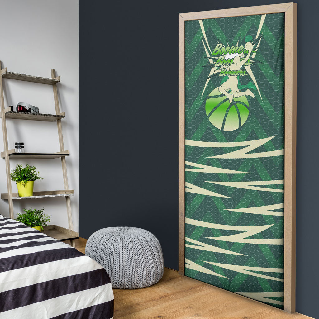 Australian Boomers Basketball Door Cover Green Hexagon Camo Style With Dynamic Slam Dunk Graphic