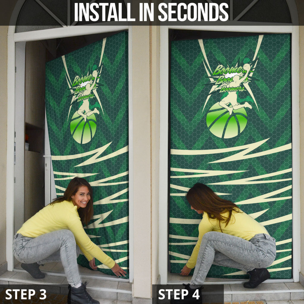Australian Boomers Basketball Door Cover Green Hexagon Camo Style With Dynamic Slam Dunk Graphic
