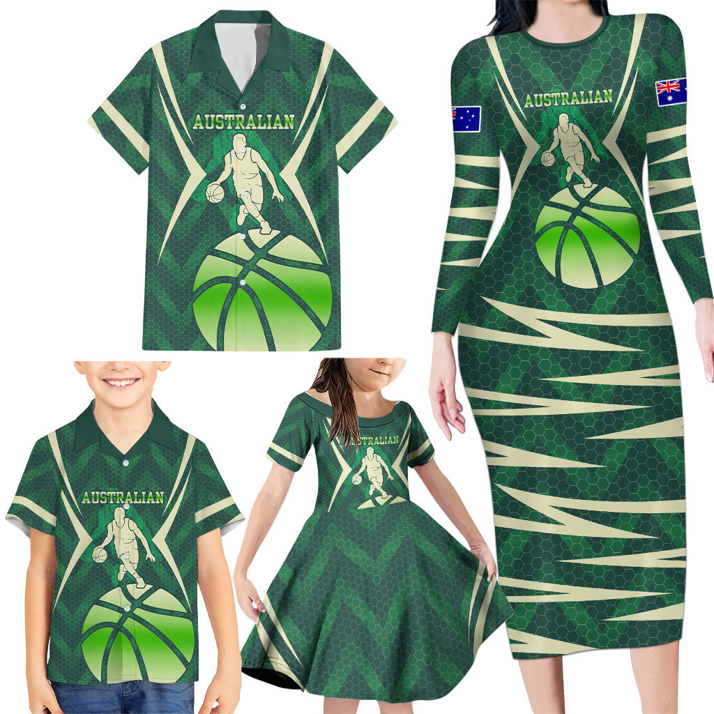 Australian Boomers Basketball Family Matching Long Sleeve Bodycon Dress and Hawaiian Shirt Green Hexagon Camo Style With Dynamic Slam Dunk Graphic