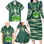 Australian Boomers Basketball Family Matching Long Sleeve Bodycon Dress and Hawaiian Shirt Green Hexagon Camo Style With Dynamic Slam Dunk Graphic