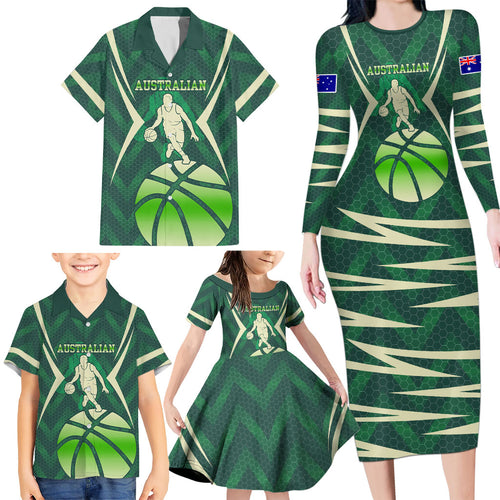 Australian Boomers Basketball Family Matching Long Sleeve Bodycon Dress and Hawaiian Shirt Green Hexagon Camo Style With Dynamic Slam Dunk Graphic