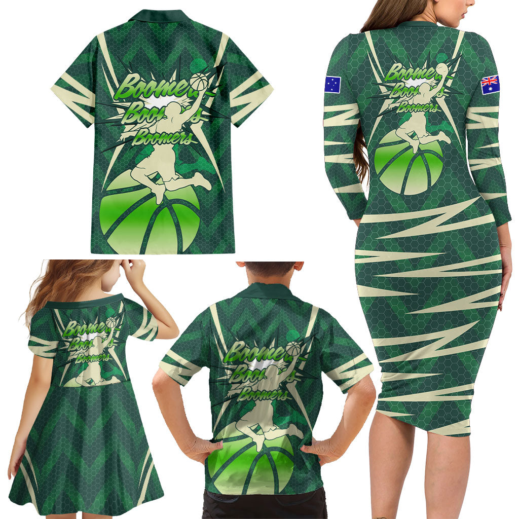Australian Boomers Basketball Family Matching Long Sleeve Bodycon Dress and Hawaiian Shirt Green Hexagon Camo Style With Dynamic Slam Dunk Graphic