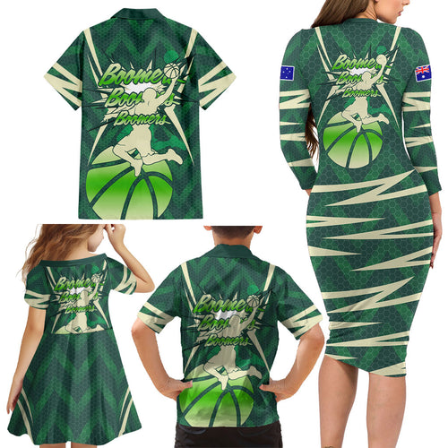 Australian Boomers Basketball Family Matching Long Sleeve Bodycon Dress and Hawaiian Shirt Green Hexagon Camo Style With Dynamic Slam Dunk Graphic
