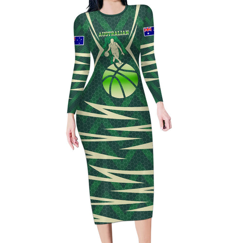 Australian Boomers Basketball Family Matching Long Sleeve Bodycon Dress and Hawaiian Shirt Green Hexagon Camo Style With Dynamic Slam Dunk Graphic