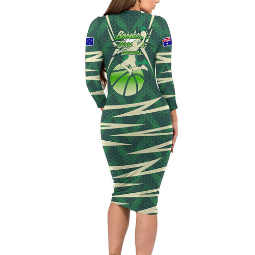 Australian Boomers Basketball Family Matching Long Sleeve Bodycon Dress and Hawaiian Shirt Green Hexagon Camo Style With Dynamic Slam Dunk Graphic