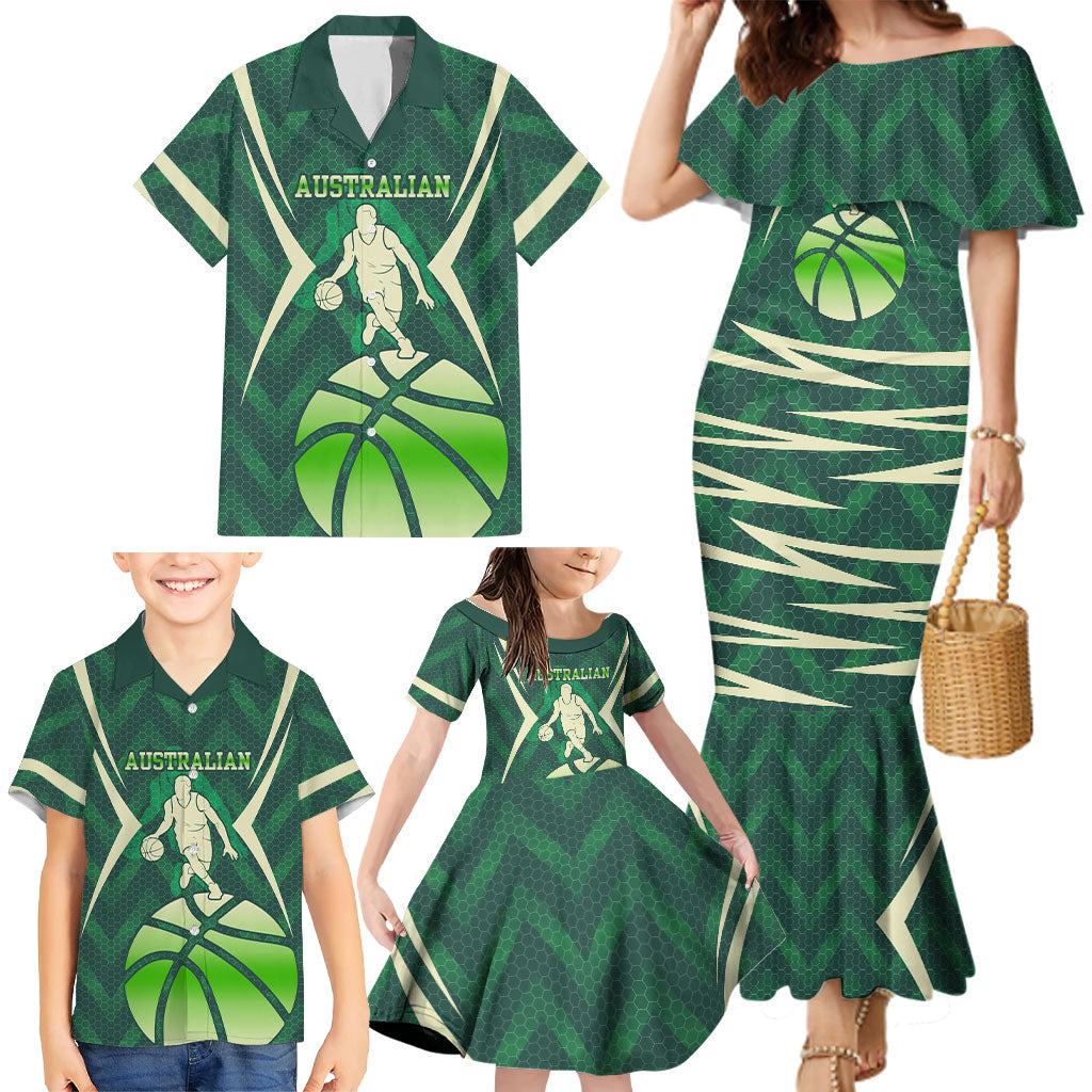Australian Boomers Basketball Family Matching Mermaid Dress and Hawaiian Shirt Green Hexagon Camo Style With Dynamic Slam Dunk Graphic