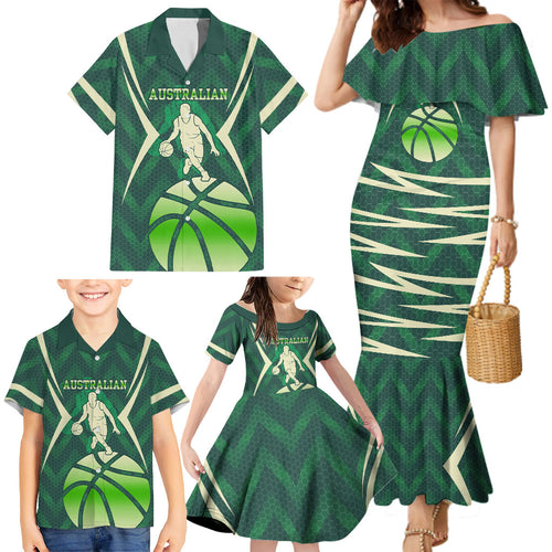 Australian Boomers Basketball Family Matching Mermaid Dress and Hawaiian Shirt Green Hexagon Camo Style With Dynamic Slam Dunk Graphic