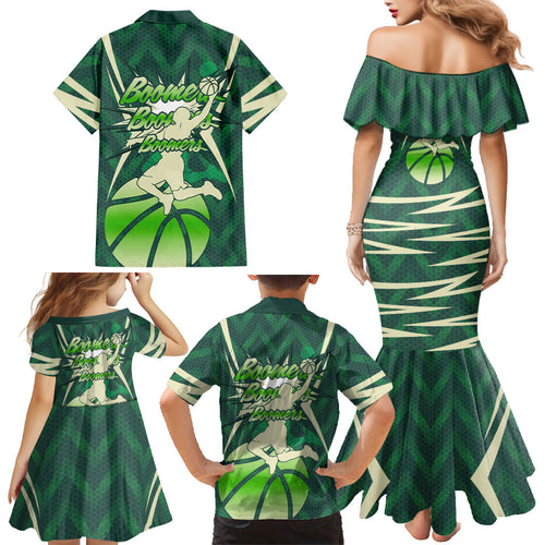 Australian Boomers Basketball Family Matching Mermaid Dress and Hawaiian Shirt Green Hexagon Camo Style With Dynamic Slam Dunk Graphic