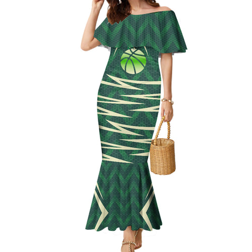 Australian Boomers Basketball Family Matching Mermaid Dress and Hawaiian Shirt Green Hexagon Camo Style With Dynamic Slam Dunk Graphic