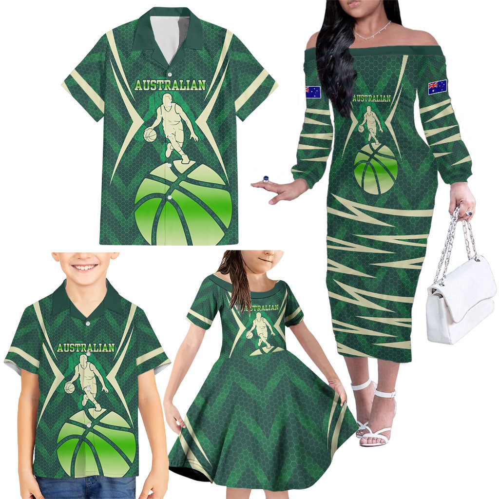 Australian Boomers Basketball Family Matching Off The Shoulder Long Sleeve Dress and Hawaiian Shirt Green Hexagon Camo Style With Dynamic Slam Dunk Graphic