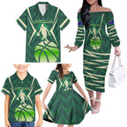 Australian Boomers Basketball Family Matching Off The Shoulder Long Sleeve Dress and Hawaiian Shirt Green Hexagon Camo Style With Dynamic Slam Dunk Graphic