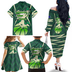 Australian Boomers Basketball Family Matching Off The Shoulder Long Sleeve Dress and Hawaiian Shirt Green Hexagon Camo Style With Dynamic Slam Dunk Graphic