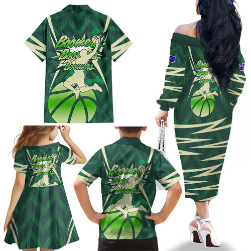 Australian Boomers Basketball Family Matching Off The Shoulder Long Sleeve Dress and Hawaiian Shirt Green Hexagon Camo Style With Dynamic Slam Dunk Graphic