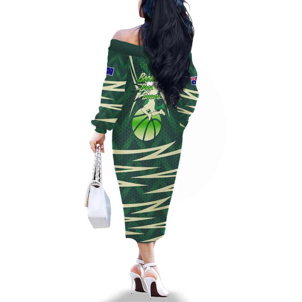 Australian Boomers Basketball Family Matching Off The Shoulder Long Sleeve Dress and Hawaiian Shirt Green Hexagon Camo Style With Dynamic Slam Dunk Graphic