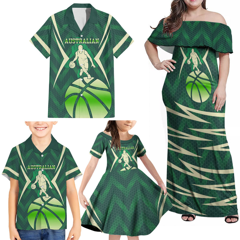 Australian Boomers Basketball Family Matching Off Shoulder Maxi Dress and Hawaiian Shirt Green Hexagon Camo Style With Dynamic Slam Dunk Graphic